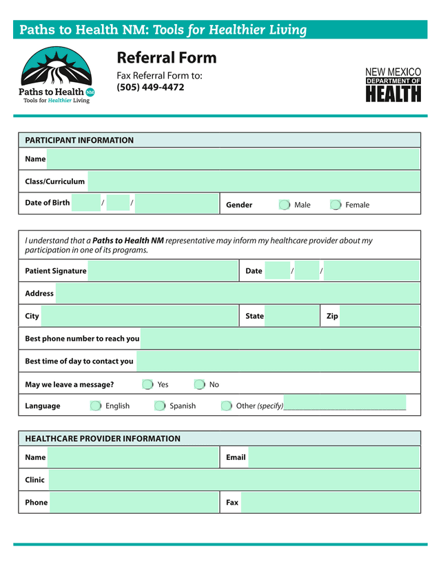 Paths To Health NM Tools For Healthier Living Referral Form screenshot
