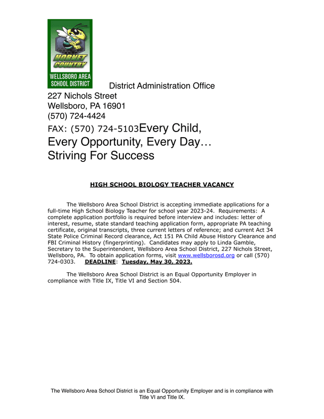 HIGH SCHOOL BIOLOGY TEACHER VACANCY screenshot