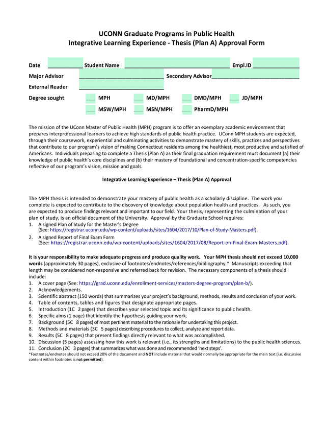 UCONN Graduate Programs In Public Health Integrative Learning Experience   Thesis (Plan A) Approval  screenshot
