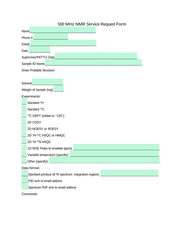 500 MHz NMR Service Request Form screenshot