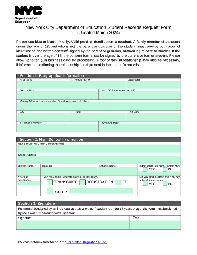 New York City Department Of Education Student Records Request Form screenshot