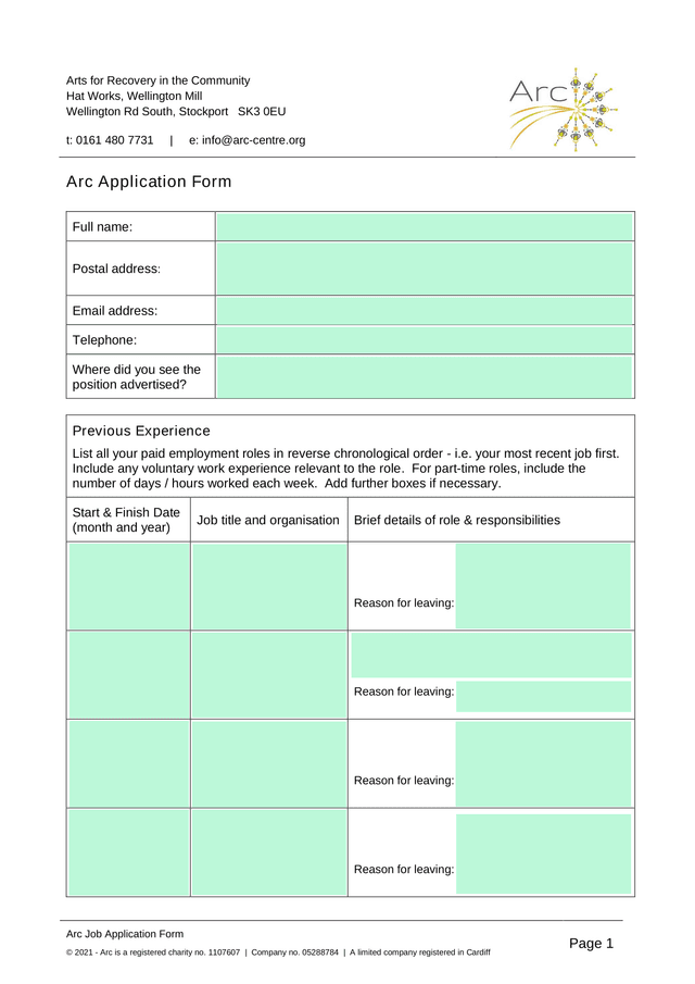 Arc Job Application Form screenshot
