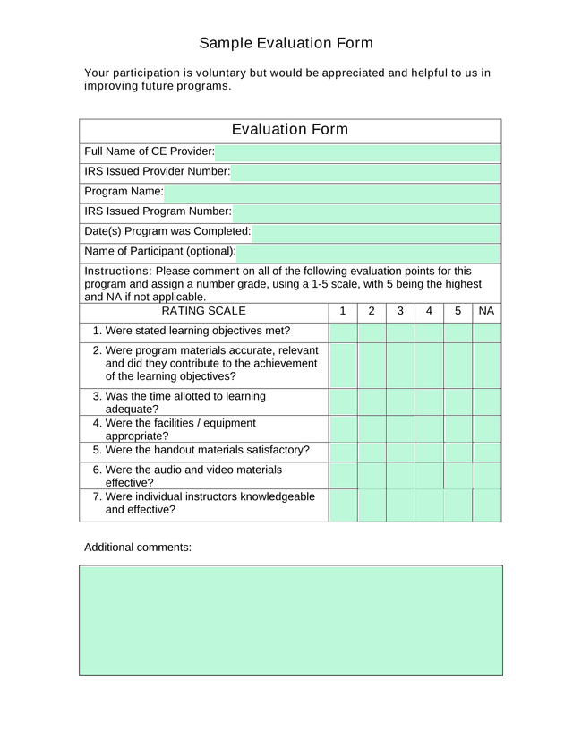 Sample Evaluation Form screenshot