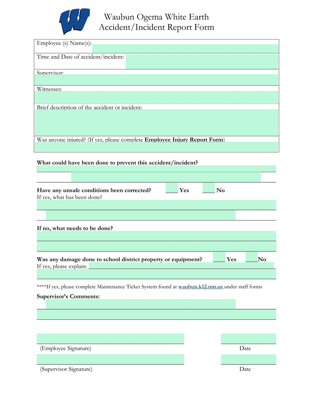Waubun Ogema White Earth AccidentIncident Report Form screenshot