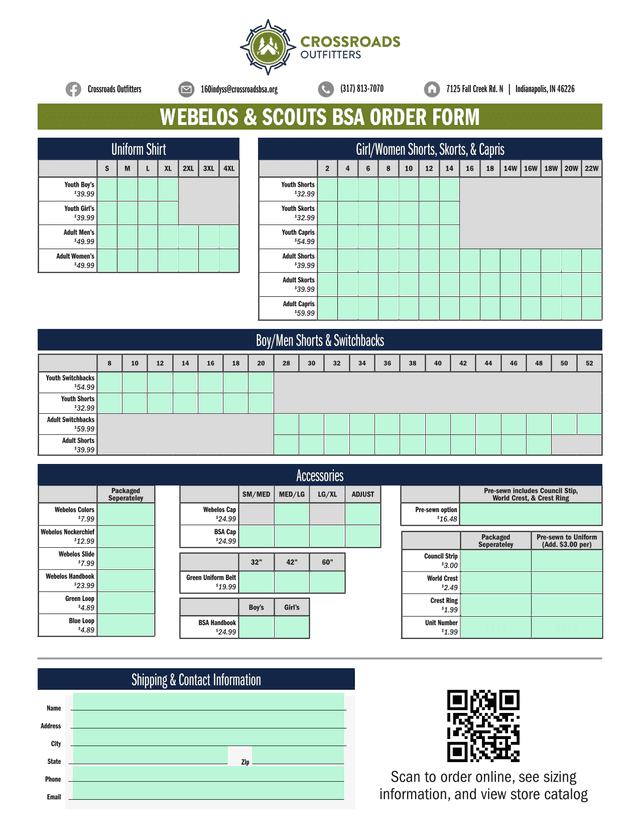 WEBELOS  SCOUTS BSA ORDER FORM screenshot