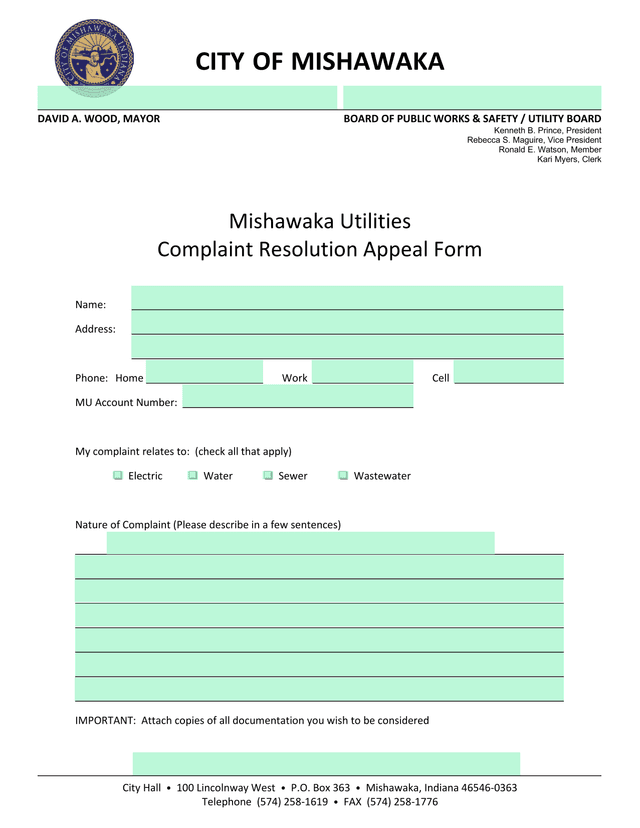 Mishawaka Utilities Complaint Resolution Appeal Form screenshot