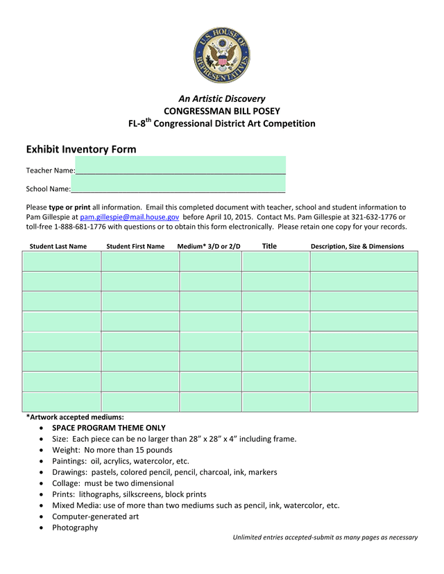 An Artistic Discovery   Art Competition Exhibit Inventory Form screenshot