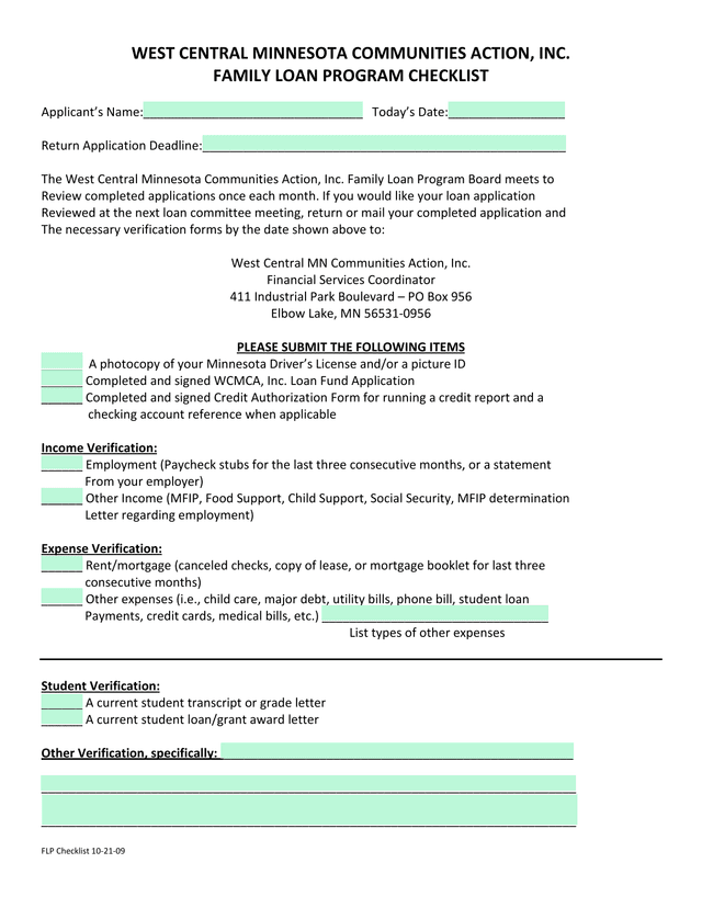 Family Loan Program Checklist screenshot