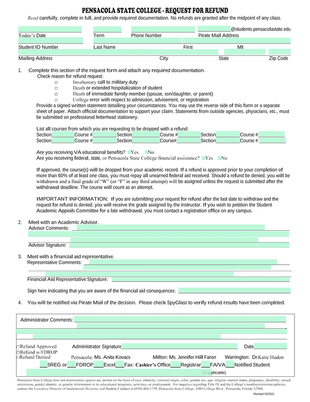 Student Refund Request Form screenshot