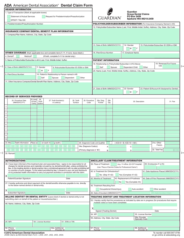 Dental Claim Form screenshot