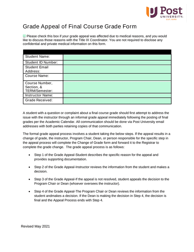 Grade Appeal Of Final Course Grade Form screenshot