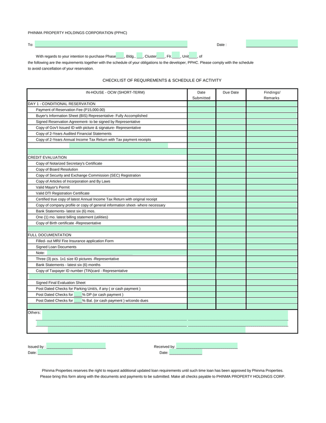 Checklist Of Requirements  Schedule Of Activity screenshot