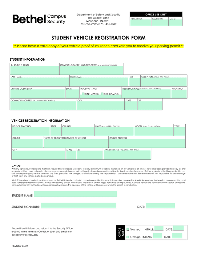 STUDENT VEHICLE REGISTRATION FORM screenshot