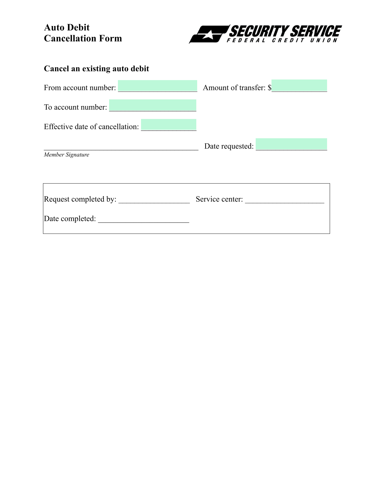 Auto Debit Cancellation Form screenshot