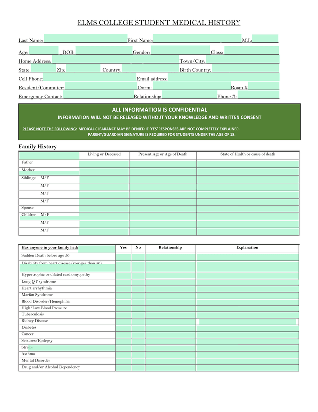 ELMS COLLEGE STUDENT MEDICAL HISTORY screenshot