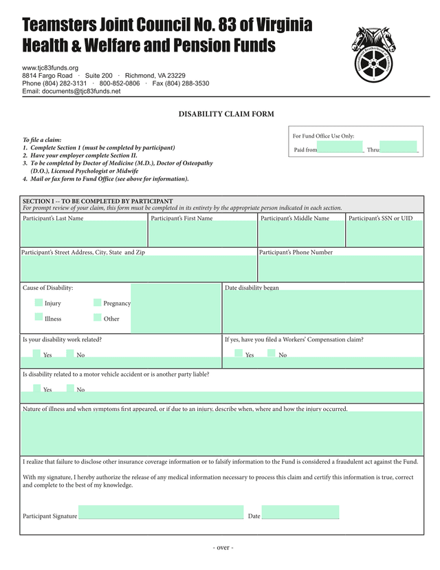 Disability Claim Form screenshot