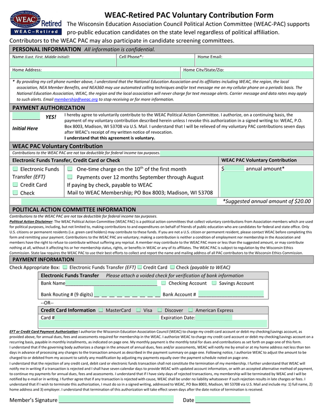 WEAC Retired PAC Voluntary Contribution Form screenshot