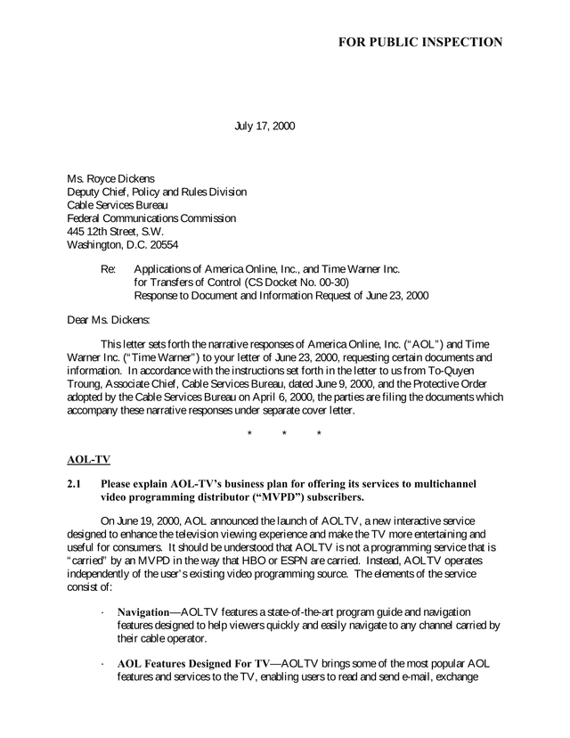 Applications Of America Online, Inc., And Time Warner Inc. For Transfers Of Control screenshot