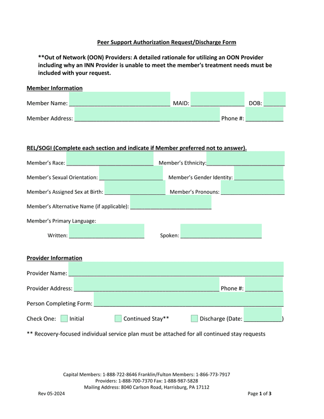 Peer Support Authorization RequestDischarge Form screenshot