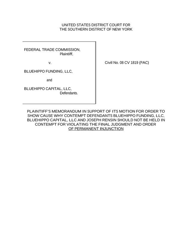 PlaintiffS Memorandum In Support Of Motion For Order To Show Cause screenshot