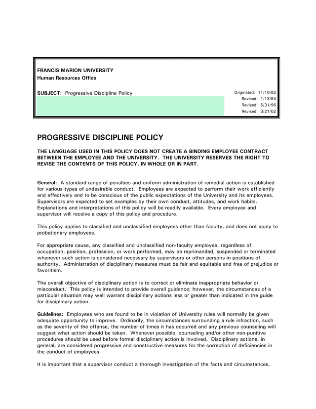 Progressive Discipline Policy screenshot