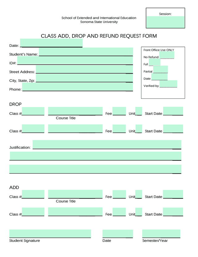 CLASS ADD, DROP AND REFUND REQUEST FORM screenshot