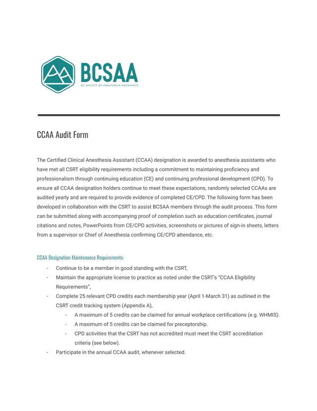 CCAA Audit Form screenshot