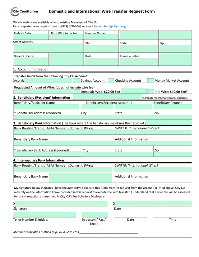 Domestic And International Wire Transfer Request Form screenshot