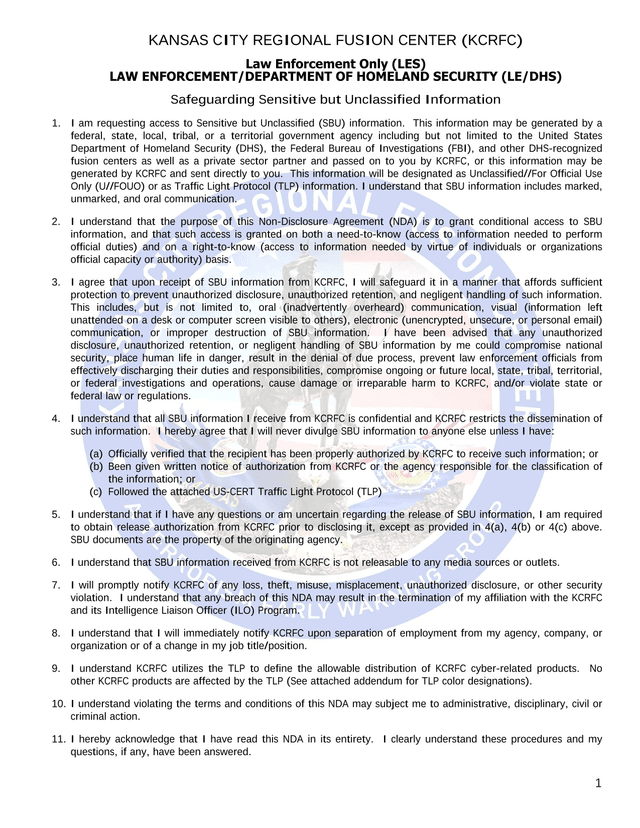 Kansas City Regional Fusion Center Non Disclosure Agreement (NDA) screenshot