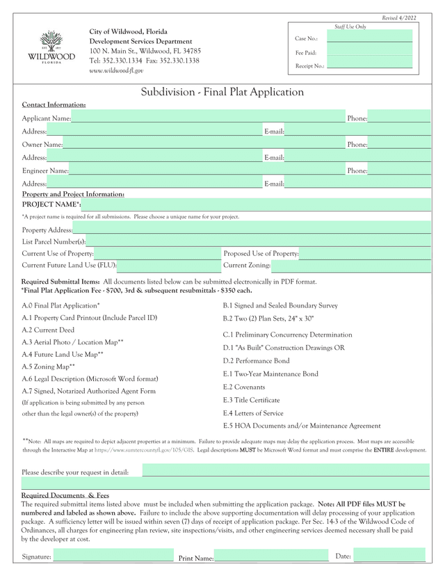 Subdivision   Final Plat Application screenshot