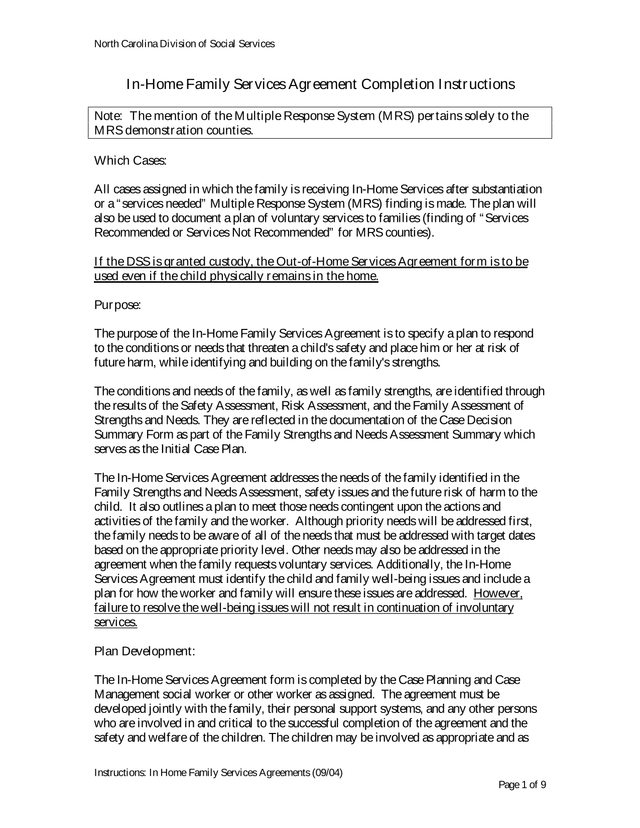 In Home Family Services Agreement Completion Instructions screenshot