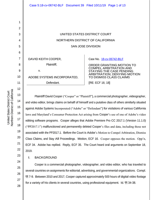 United States District Court Order   Cooper V. Adobe Systems Incorporated screenshot