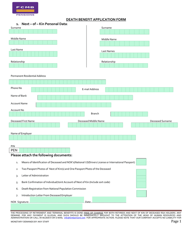 DEATH BENEFIT APPLICATION FORM screenshot