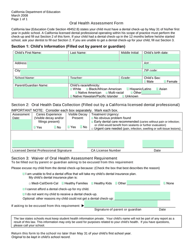 Oral Health Assessment Form screenshot