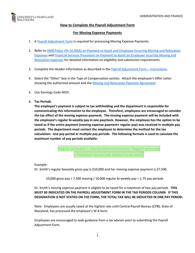 Payroll Adjustment Form For Moving Expense Payments screenshot