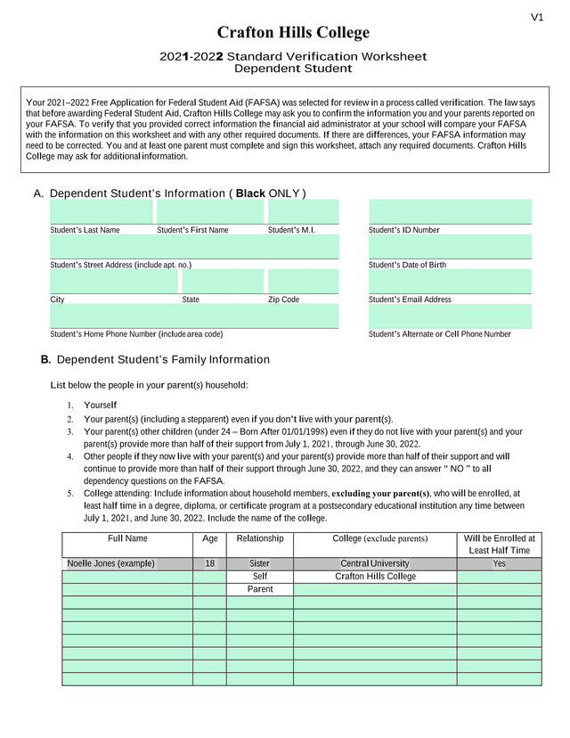 2021 2022 Standard Verification Worksheet Dependent Student screenshot