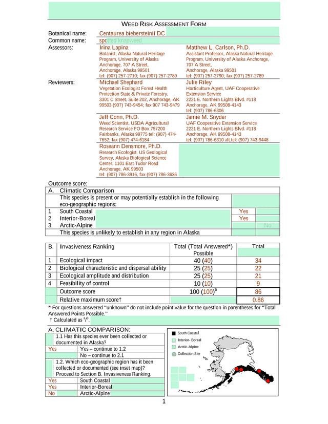 Weed Risk Assessment Form screenshot