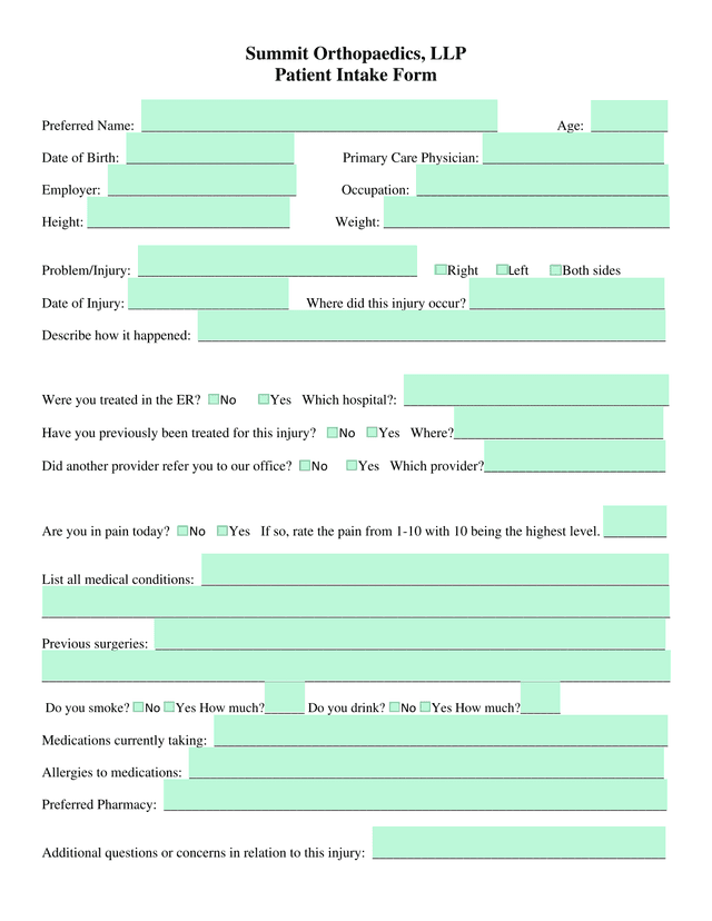 Summit Orthopaedics Patient Intake Form screenshot