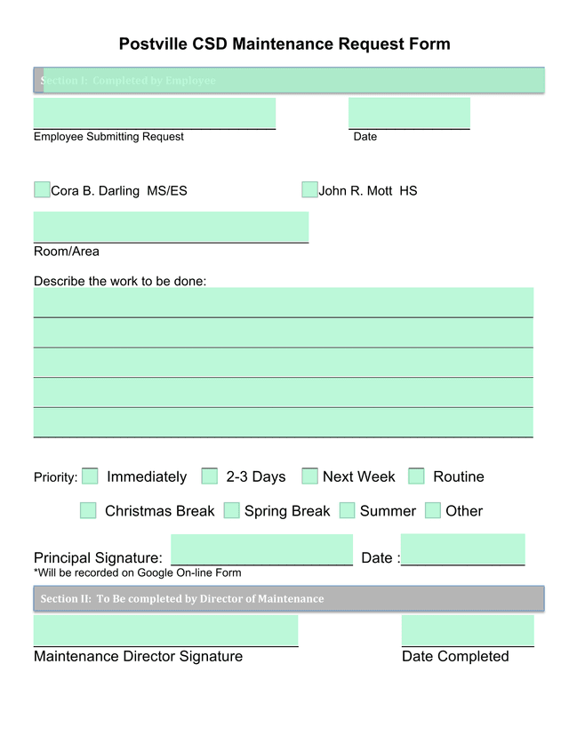 Postville CSD Maintenance Request Form screenshot