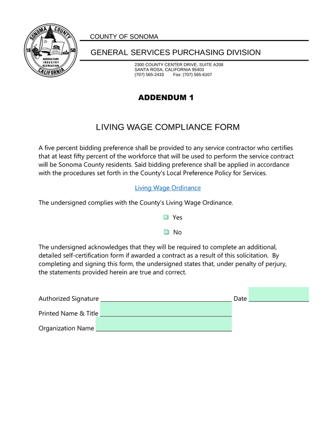Living Wage Compliance Form screenshot