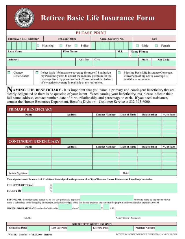 Retiree Basic Life Insurance Form screenshot