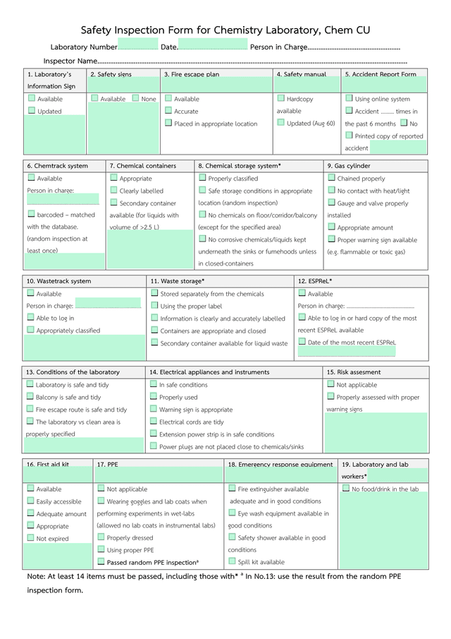 Safety Inspection Form For Chemistry Laboratory, Chem CU screenshot