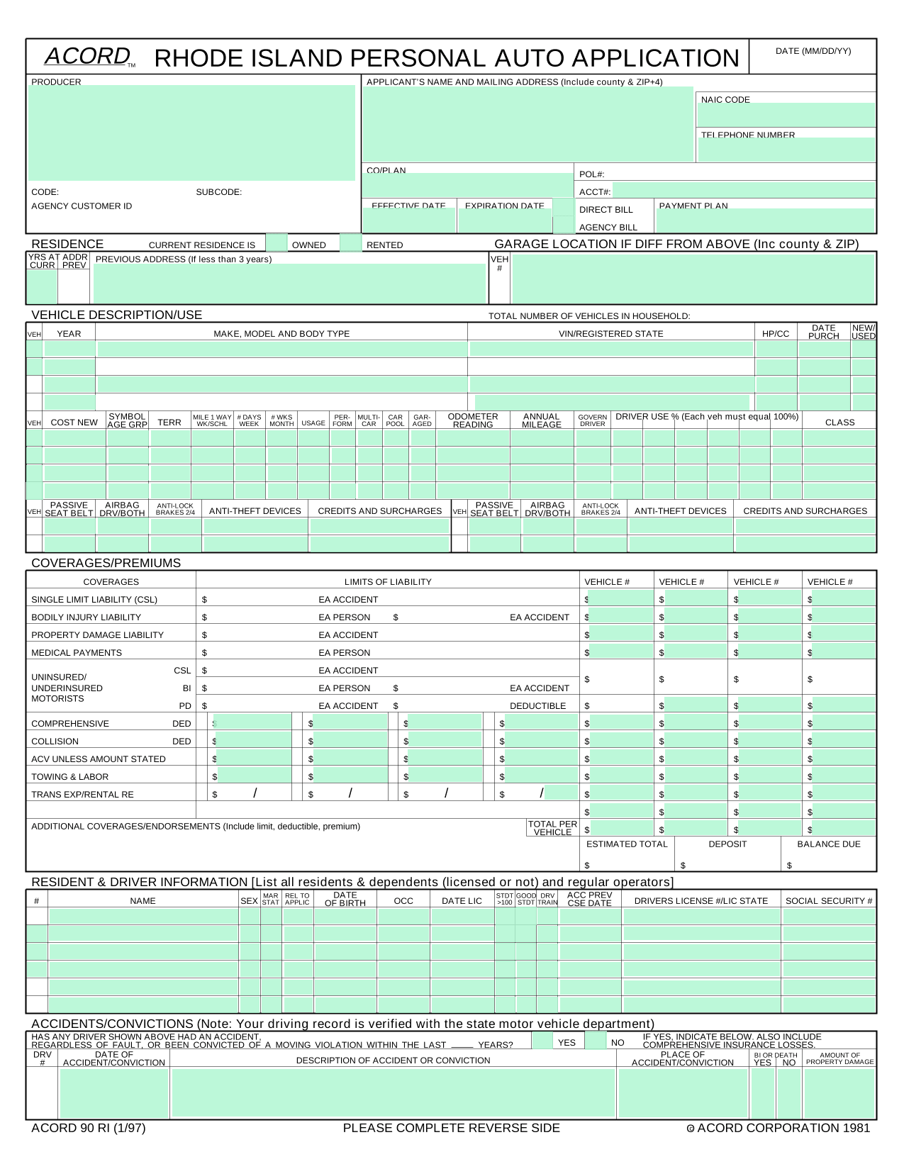 Rhode Island Personal Auto Application (ACORD 90 RI) screenshot