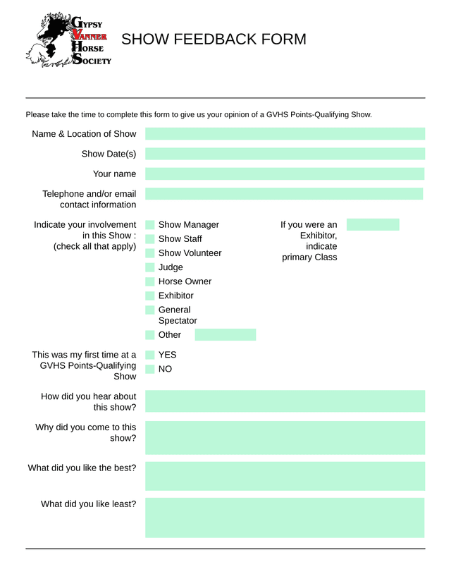 GVHS Points Qualifying Show Feedback Form screenshot