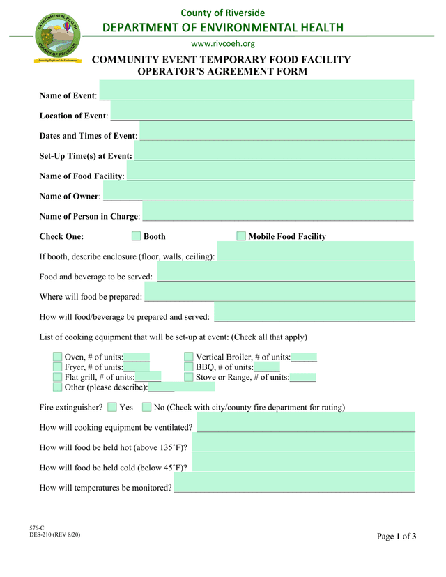 Community Event Temporary Food Facility OperatorS Agreement Form screenshot