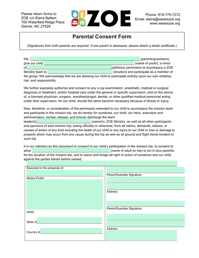 Parental Consent Form screenshot