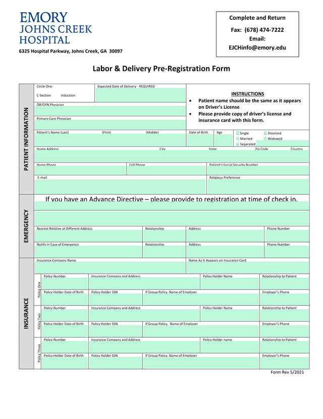 Labor  Delivery Pre Registration Form screenshot