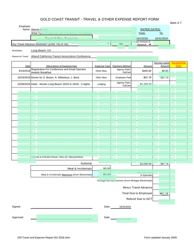 GOLD COAST TRANSIT   TRAVEL  OTHER EXPENSE REPORT FORM screenshot