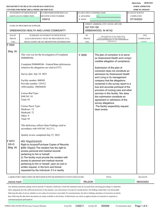 Statement Of Deficiencies And Plan Of Correction screenshot
