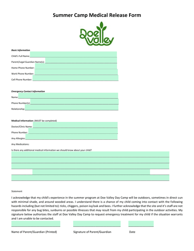 Summer Camp Medical Release Form screenshot
